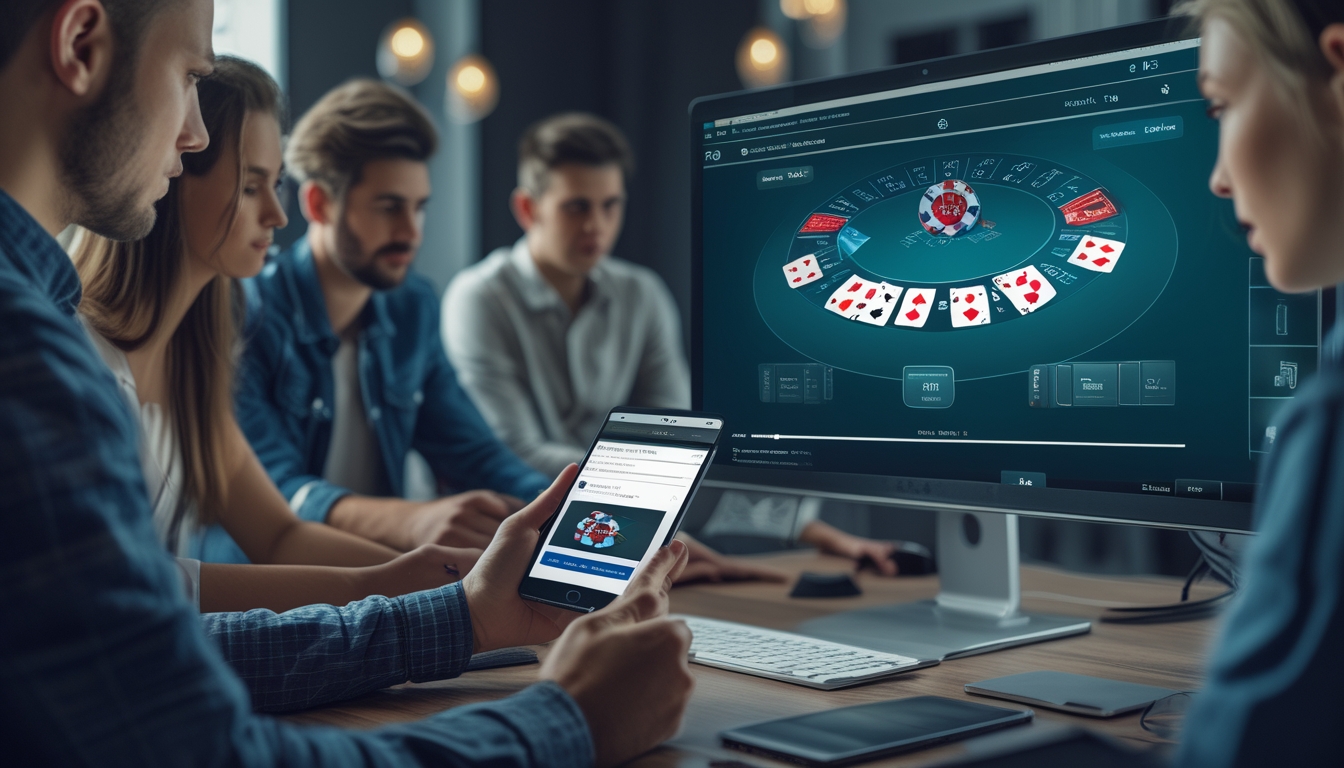 Beberapa orang muda sedang bermain poker online menggunakan perangkat mobile di ruangan modern dengan layar komputer yang menampilkan permainan poker.