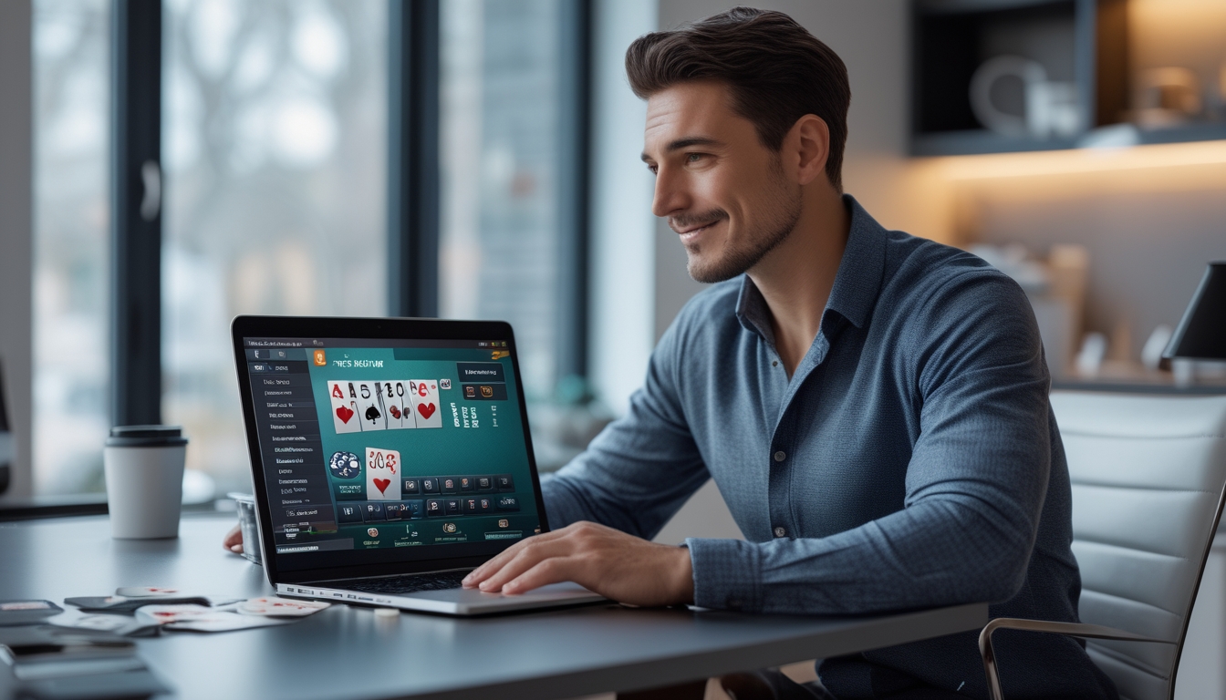 Seorang pria duduk di meja dengan laptop, kartu poker, dan chip poker di sekitarnya, fokus bermain poker online.