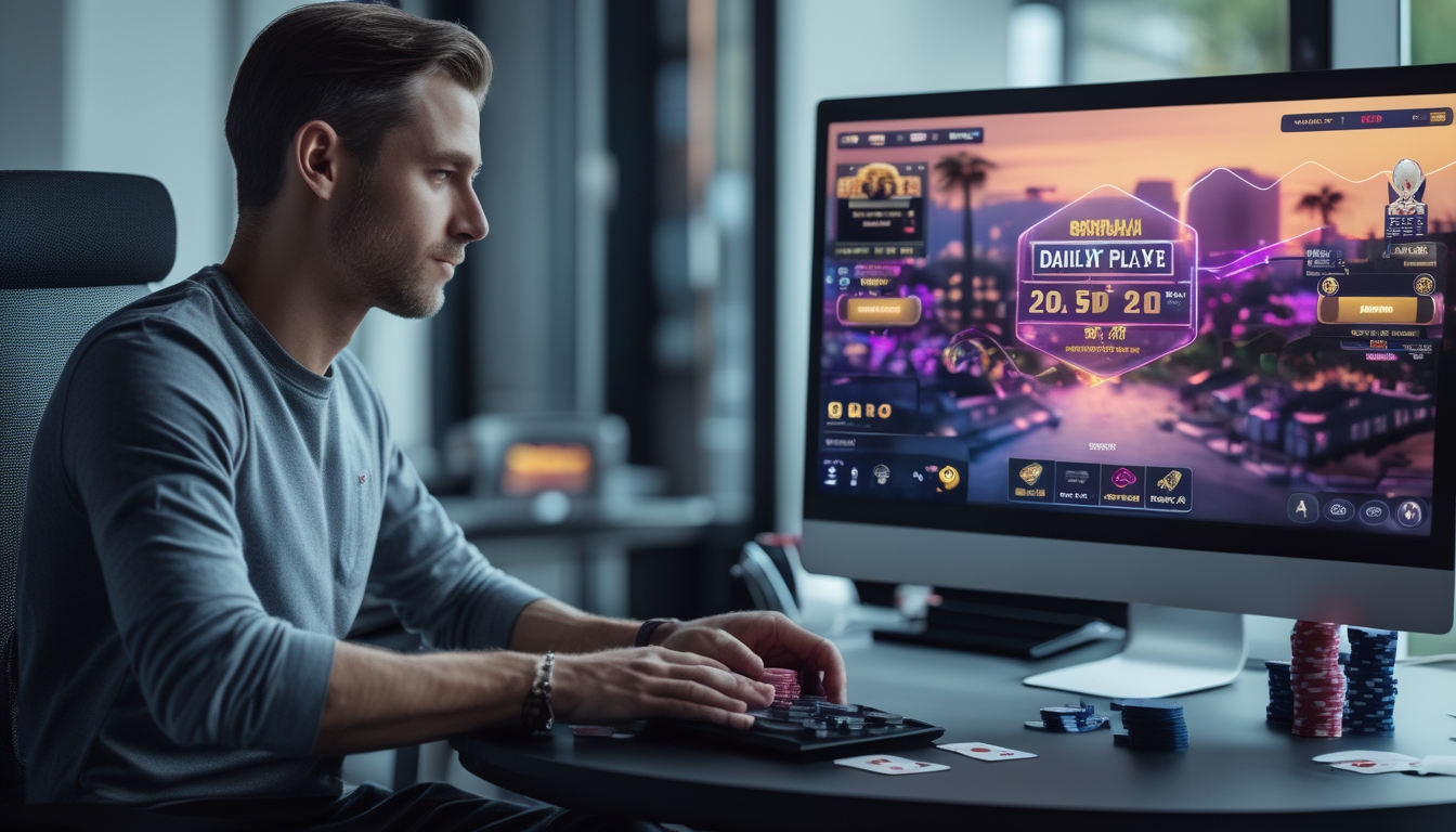 Seorang pemain poker online fokus bermain di depan komputer dengan chip dan kartu poker di meja.