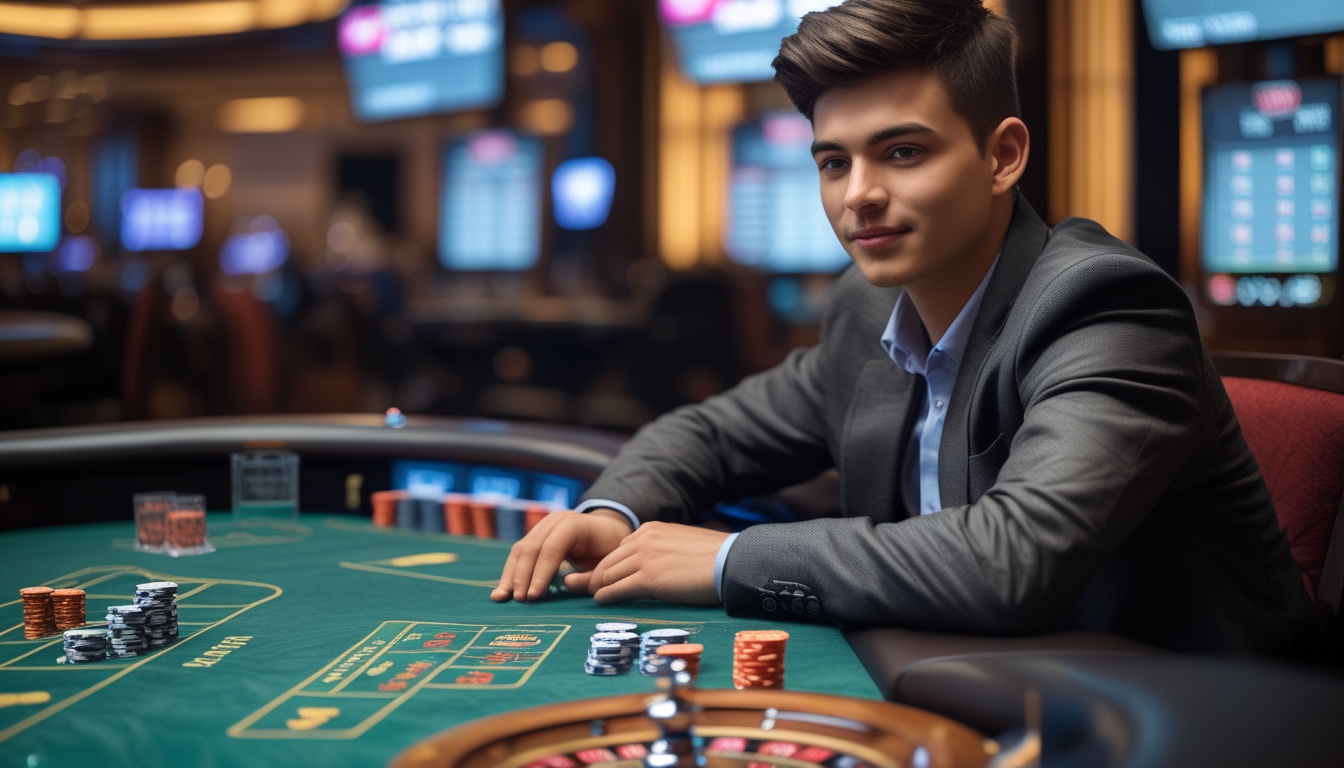 Seorang dewasa muda duduk di meja kasino dengan kartu dan chip poker, fokus bermain judi live casino.