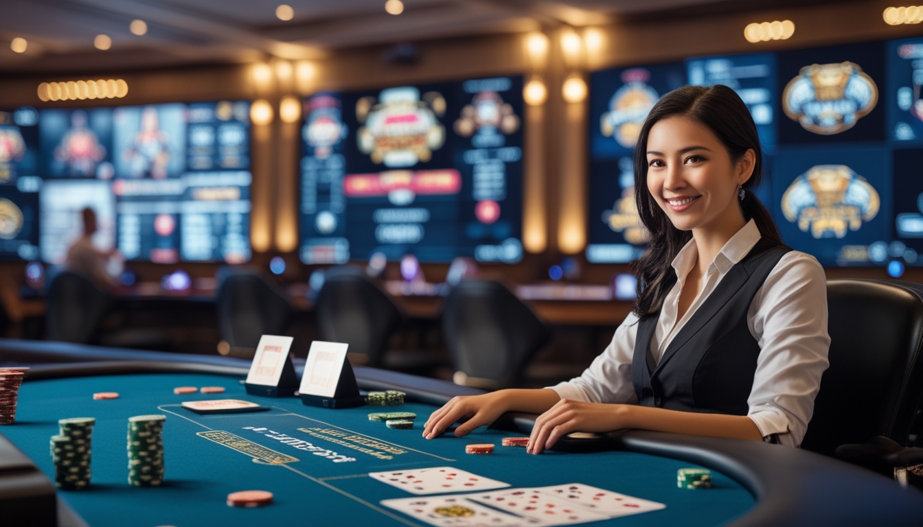 Seorang dealer wanita profesional duduk di meja kasino dengan kartu dan chip, di depan layar yang menampilkan permainan kasino langsung.