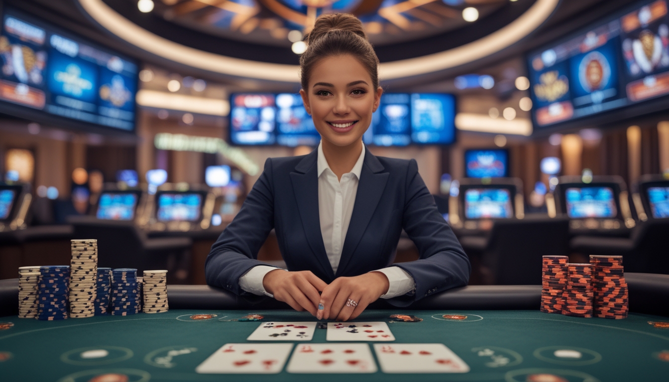 Seorang dealer wanita profesional di meja kasino dengan kartu dan chip, dikelilingi layar yang menampilkan permainan kasino online.