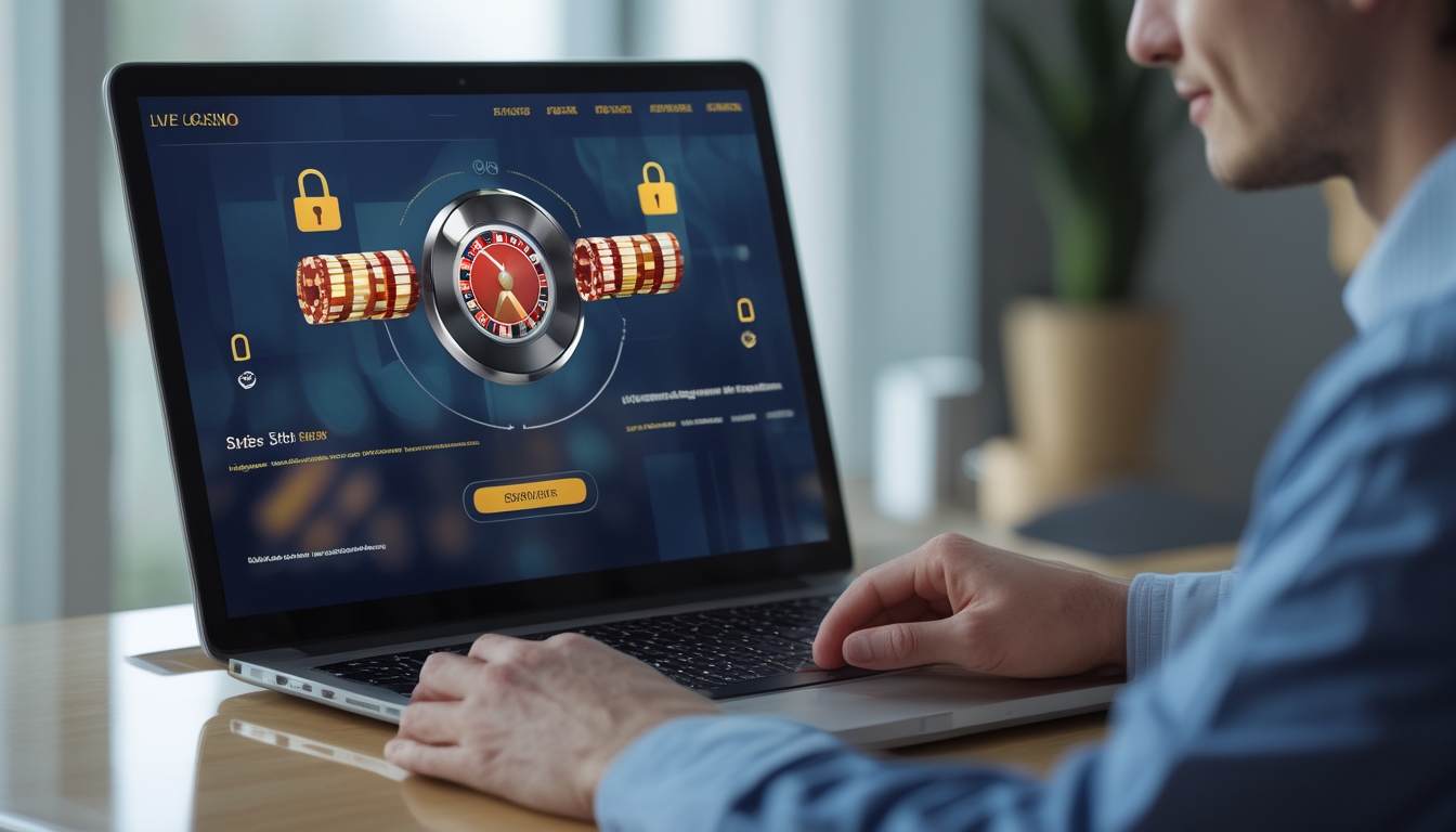 Seseorang menggunakan laptop dengan tampilan situs kasino online yang aman dan terpercaya.