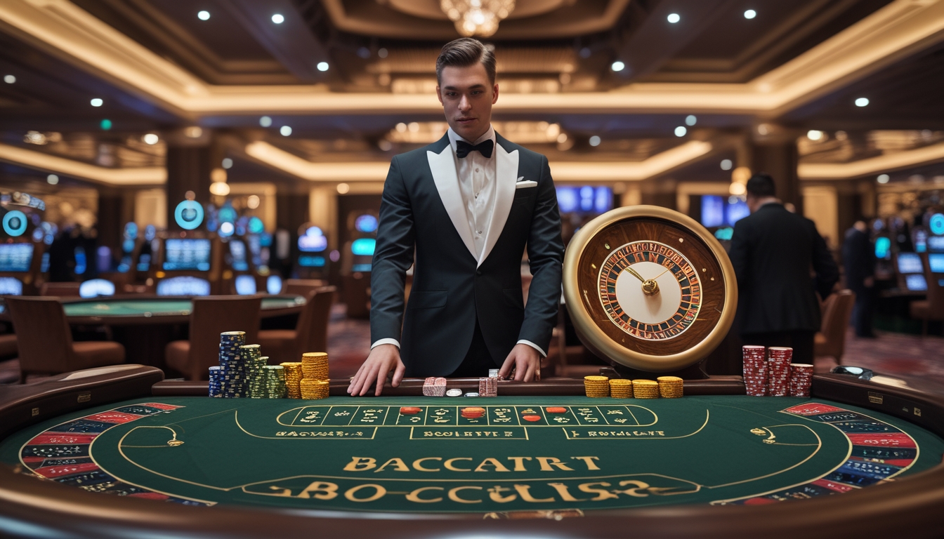 Suasana kasino langsung dengan dealer dan pemain di meja baccarat, roulette, dan blackjack.