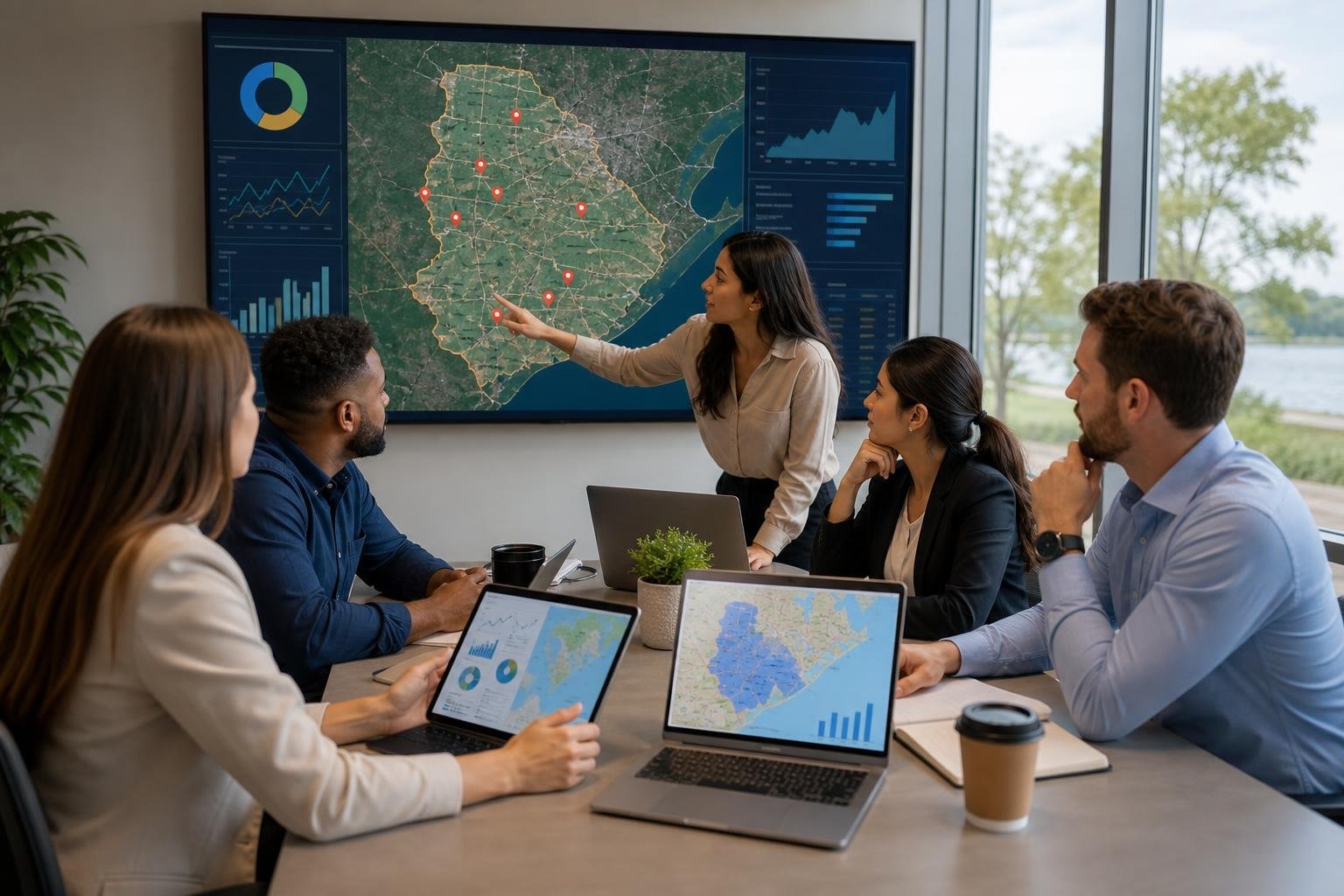 Business professionals in a modern office discussing maps and data on laptops and a large screen showing Brazoria County.
