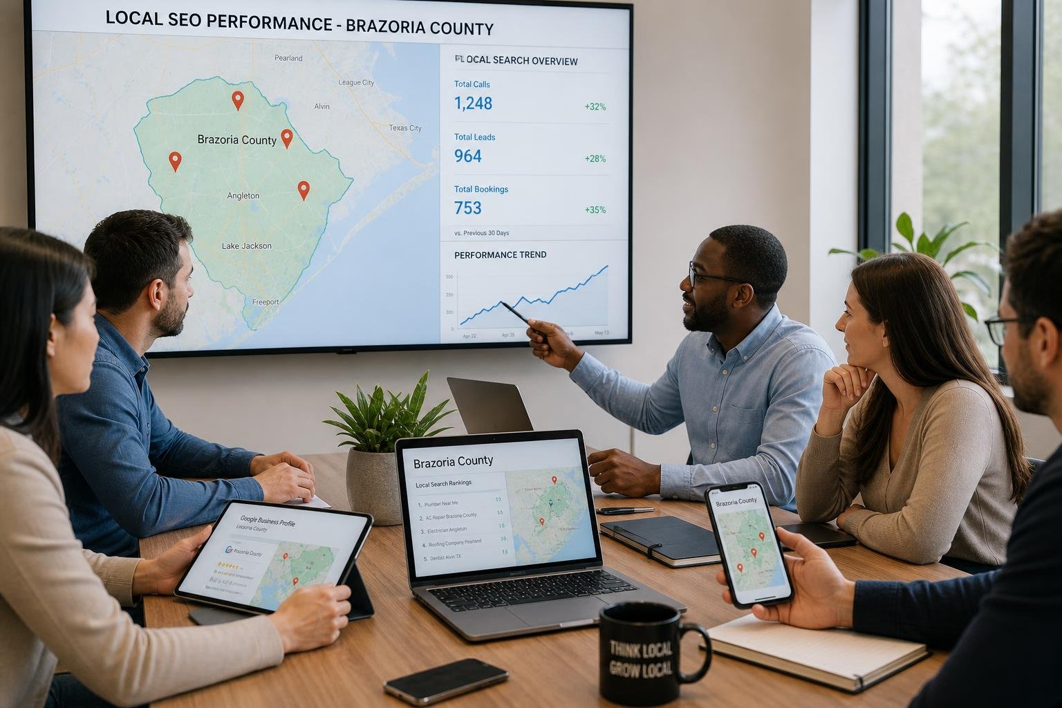 A group of business professionals in an office discussing local search data with digital maps and devices on the table.