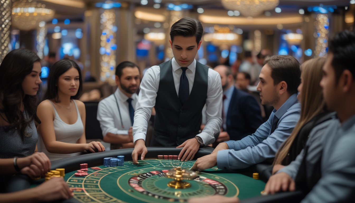 Seorang dealer dan beberapa pemain sedang bermain permainan kasino langsung di meja dengan kartu, chip, dan roda roulette.