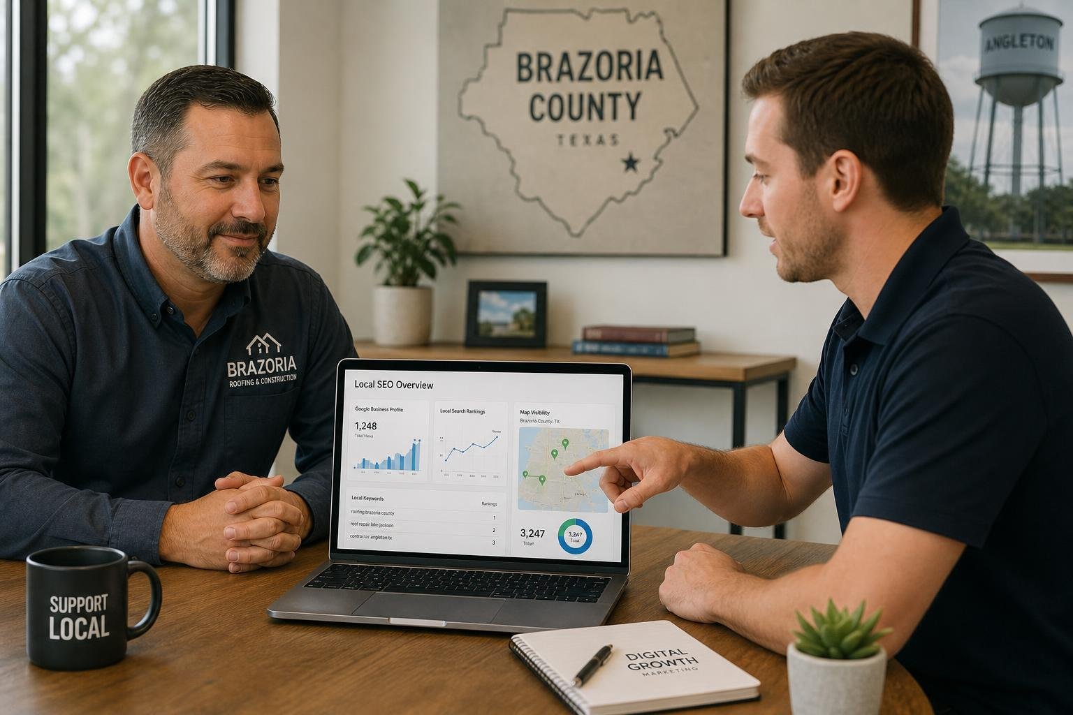A small business owner and a marketing expert discussing local SEO on a laptop in an office.