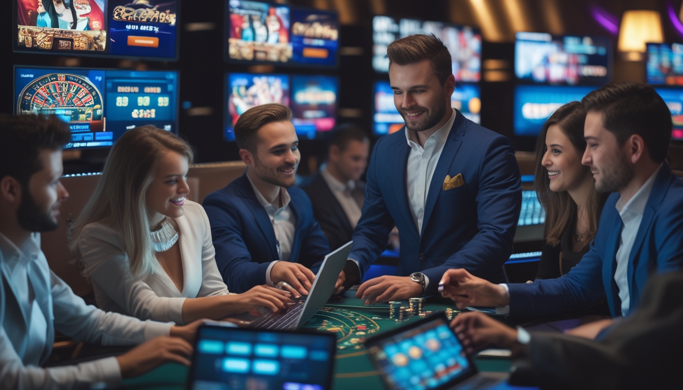 Sejumlah pemain dan dealer sedang bermain judi live casino secara real-time dengan perangkat digital di lingkungan kasino modern.