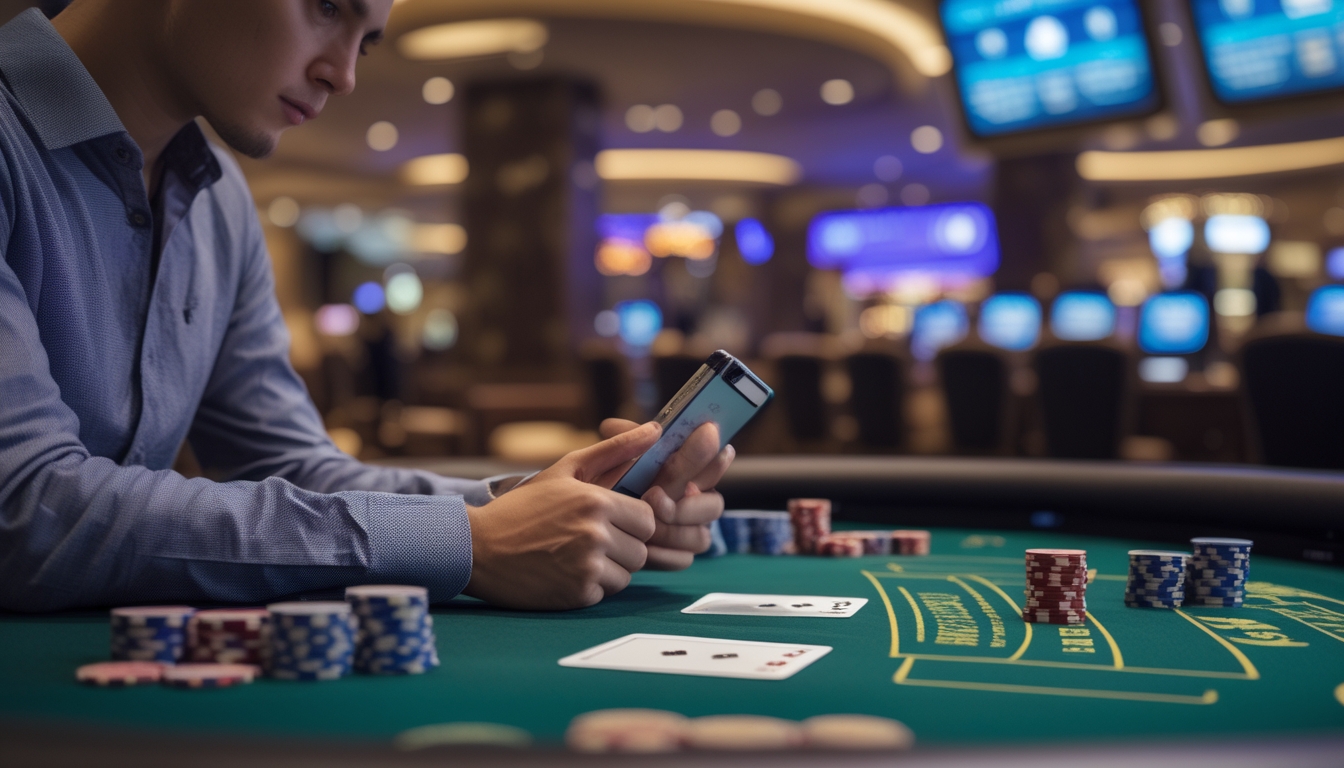 Seorang pemain judi live casino sedang mengelola modal dengan tenang di meja kasino, menggunakan catatan atau ponsel untuk mencatat taruhan.