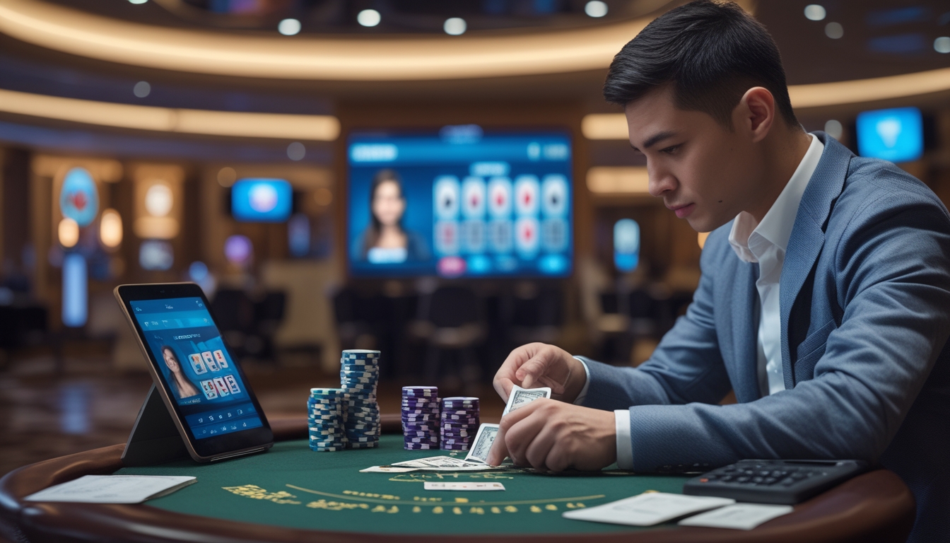 Seseorang sedang mengelola modal dengan hati-hati saat bermain judi live casino, duduk di meja dengan chip dan kartu, di depan layar dealer langsung.