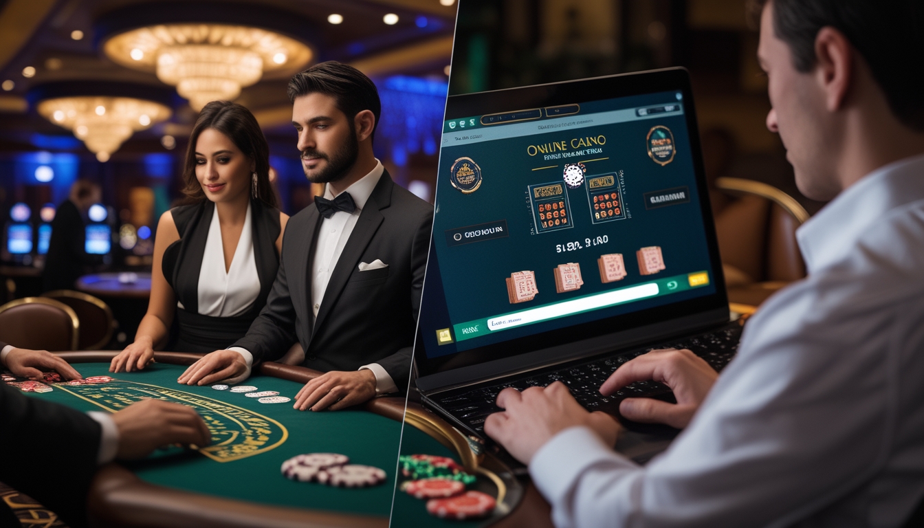 Seorang dealer kasino langsung berinteraksi dengan pemain di meja blackjack di satu sisi, dan seseorang menggunakan laptop untuk bermain kasino online di sisi lain.
