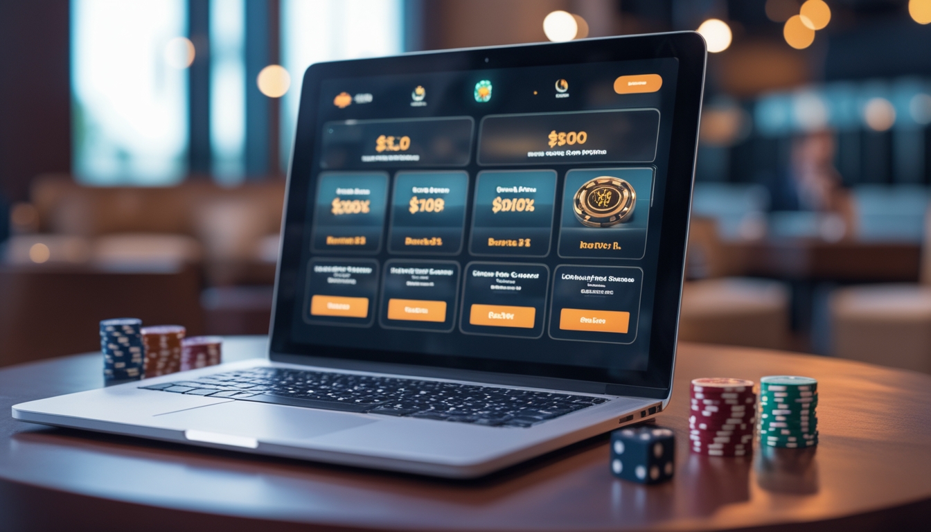 Sebuah perangkat digital menampilkan berbagai bonus populer di kasino online dengan latar meja kayu dan perlengkapan permainan kasino seperti chip dan kartu.