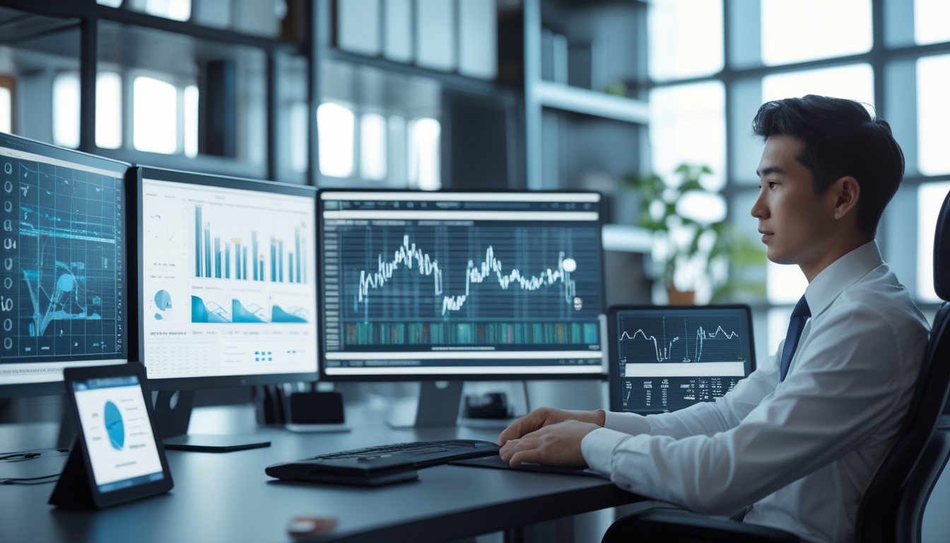 Seorang analis bisnis muda sedang bekerja dengan komputer dan grafik data di kantor modern yang terang dan rapi.