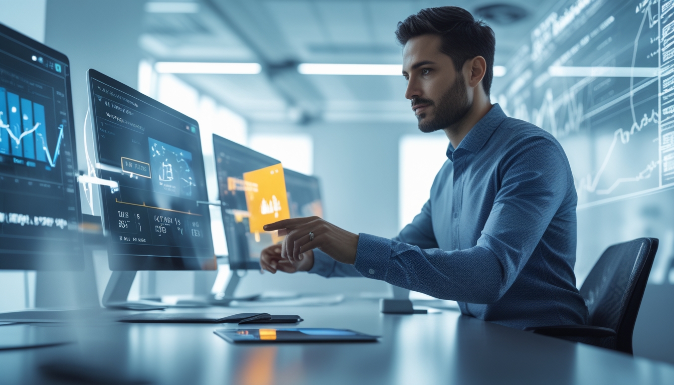 Seorang analis data sedang bekerja dengan layar digital yang menampilkan grafik dan pola data di sebuah kantor modern.