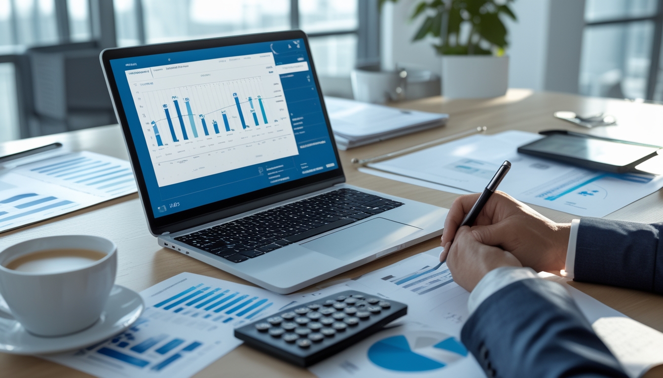 Seseorang sedang menganalisis data statistik di meja kerja dengan laptop, grafik, dan alat tulis.