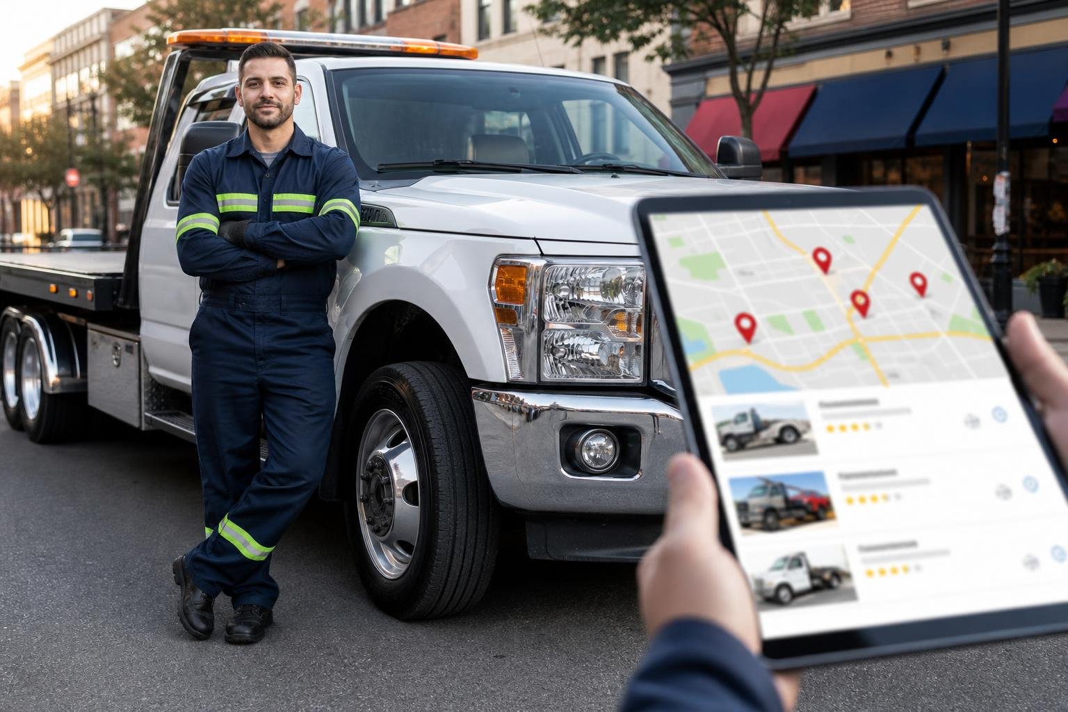 Tow truck driver standing next to a tow truck on a city street with a tablet showing a map and location pins.