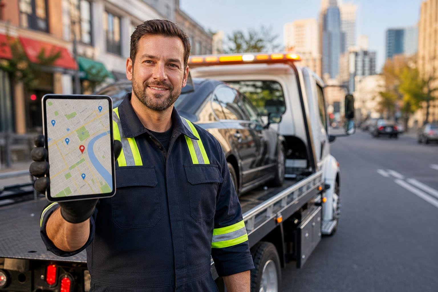 A towing company worker standing next to a tow truck holding a tablet showing a map with location pins on a city street.
