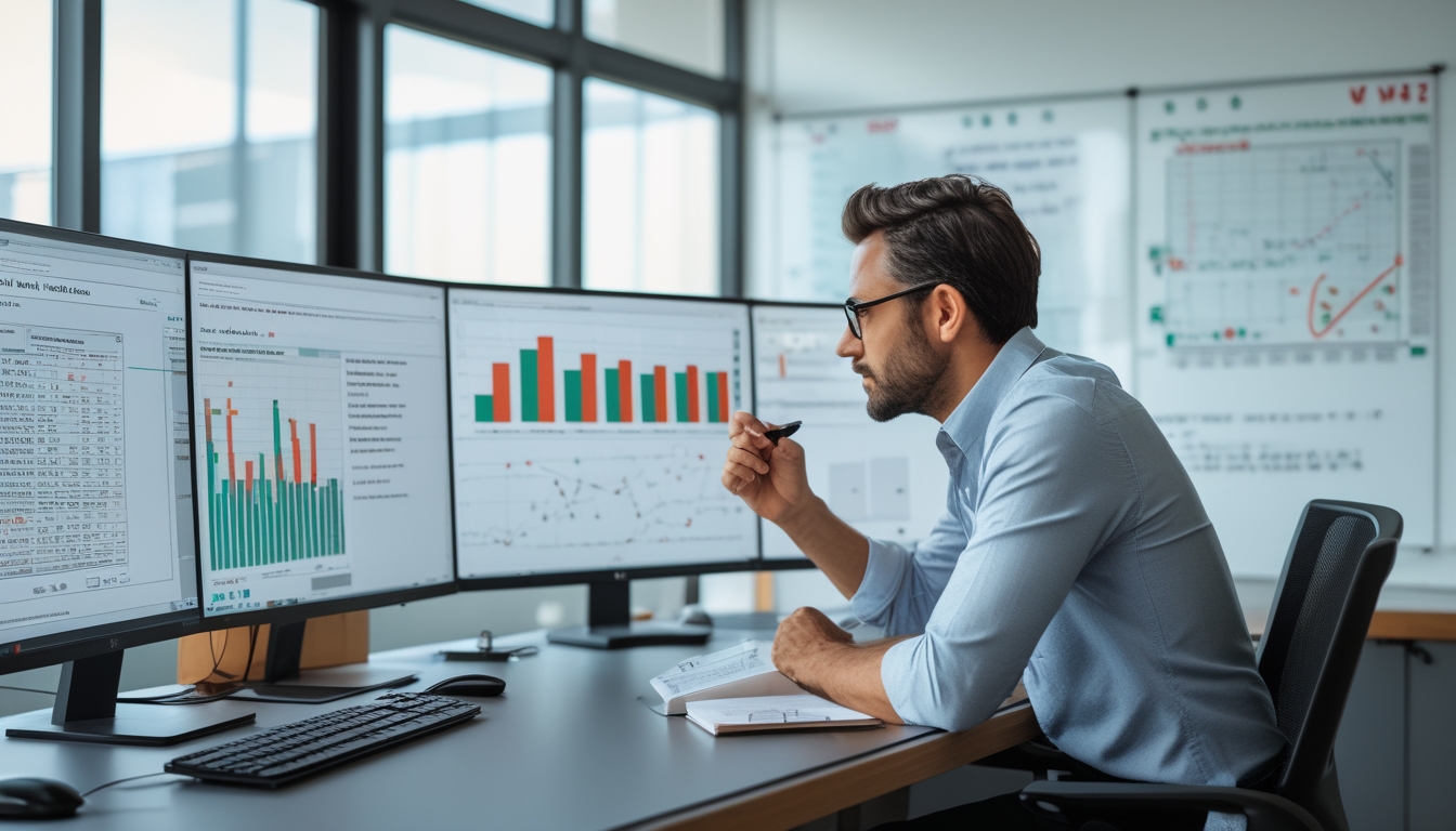 Seorang analis sedang mengamati grafik statistik di depan beberapa layar komputer di ruang kantor yang terang dan rapi.