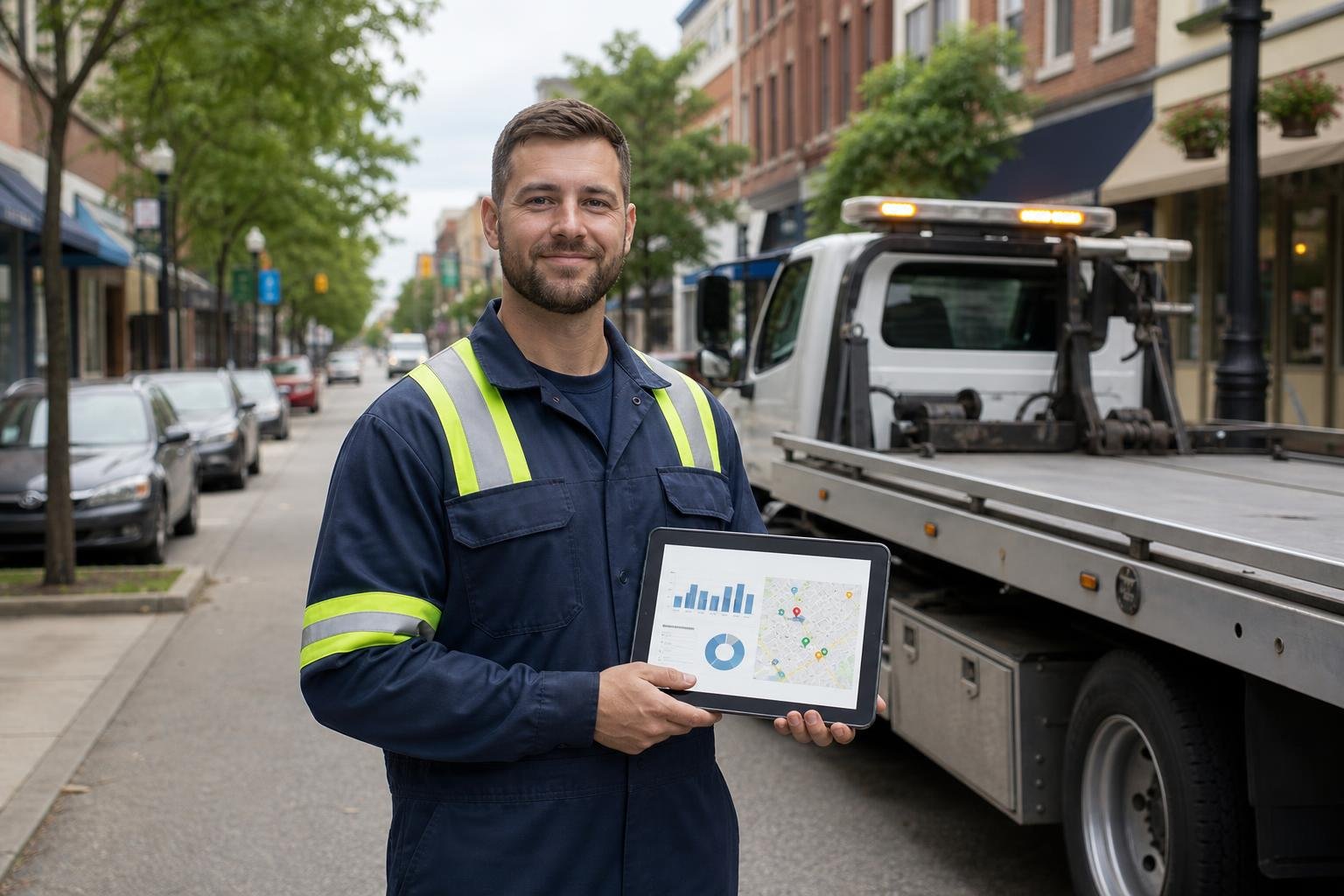 A towing company professional stands beside a tow truck on a city street holding a tablet with charts and maps.