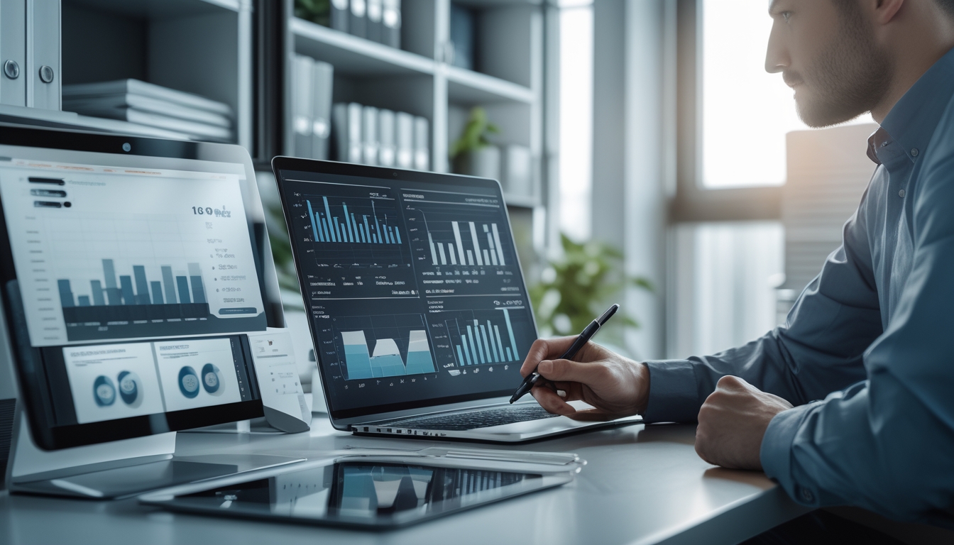 Seorang profesional sedang menganalisis data dan grafik di meja kerja modern dengan perangkat digital.