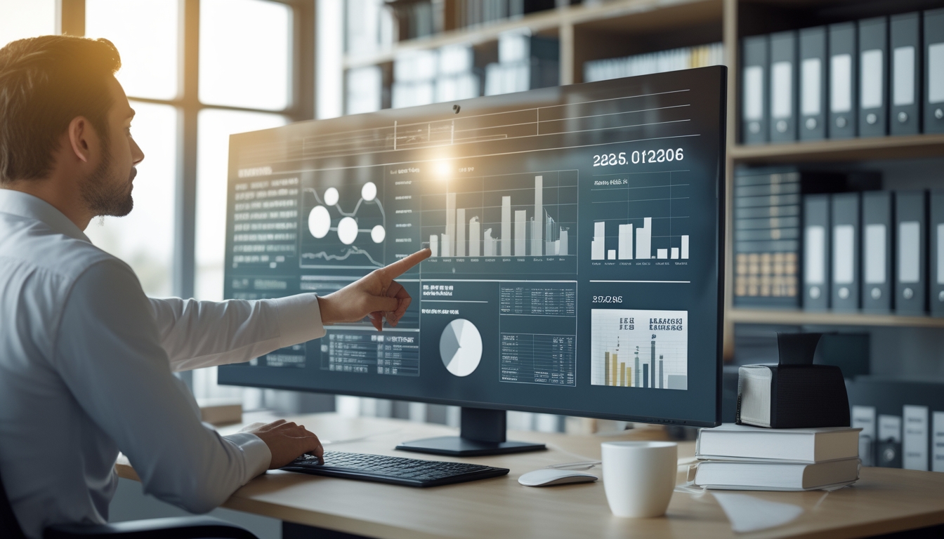 Seorang analis data sedang bekerja dengan layar digital besar yang menampilkan grafik dan rumus, di ruang kerja modern dengan rak berisi buku dan dokumen.