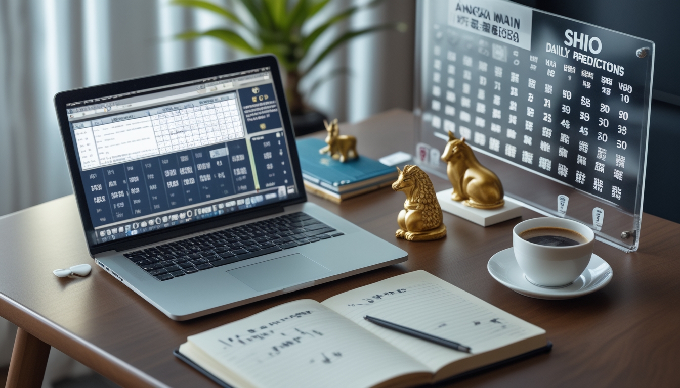 Meja kerja modern dengan laptop, catatan, dan simbol shio serta angka yang menggambarkan prediksi terpercaya hari ini.