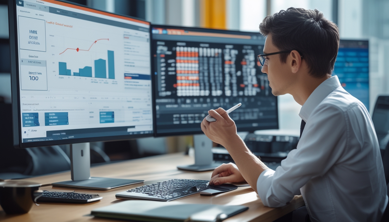 Seorang profesional sedang menganalisis data pola angka di depan komputer di ruang kerja modern.