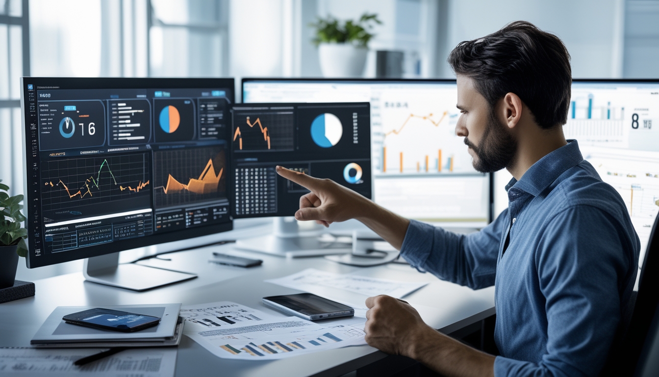 Seorang profesional sedang menganalisis data angka di meja kerja dengan laptop dan monitor yang menampilkan grafik dan pola angka.