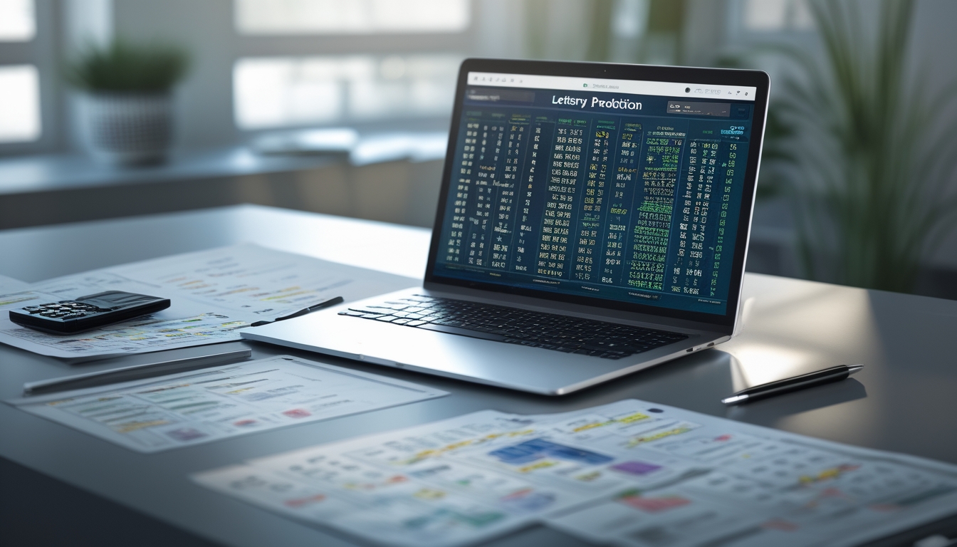 Meja kerja modern dengan laptop yang menampilkan data angka dan grafik, kertas cetak dengan angka yang disorot, pena, dan kalkulator di sekitarnya.