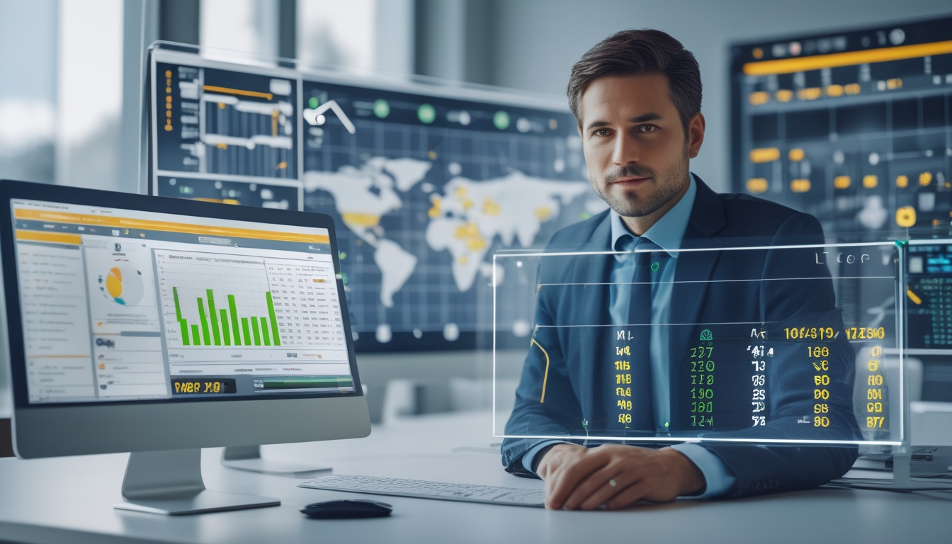 Seorang profesional bisnis sedang bekerja dengan layar digital yang menampilkan grafik dan data prediksi di sebuah kantor modern.