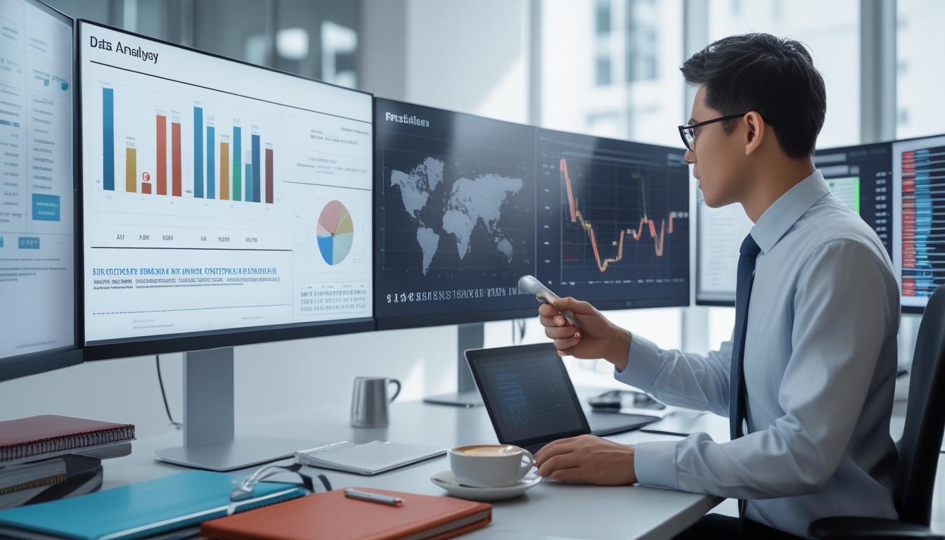 Seorang profesional sedang menganalisis data pada beberapa layar komputer di ruang kantor yang terang dan modern.