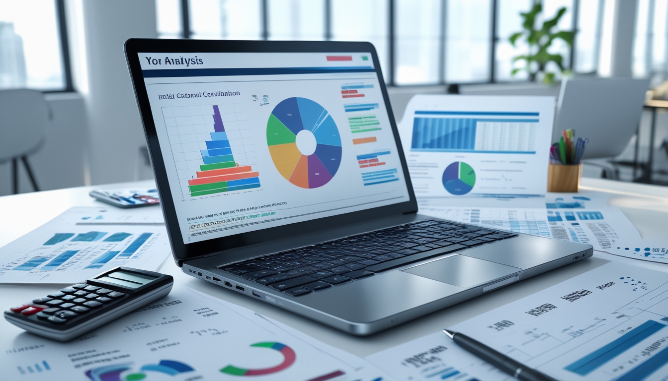 Meja kerja modern dengan laptop menampilkan grafik dan data statistik, kertas dengan angka dan tabel, kalkulator, dan pena di kantor yang terang.