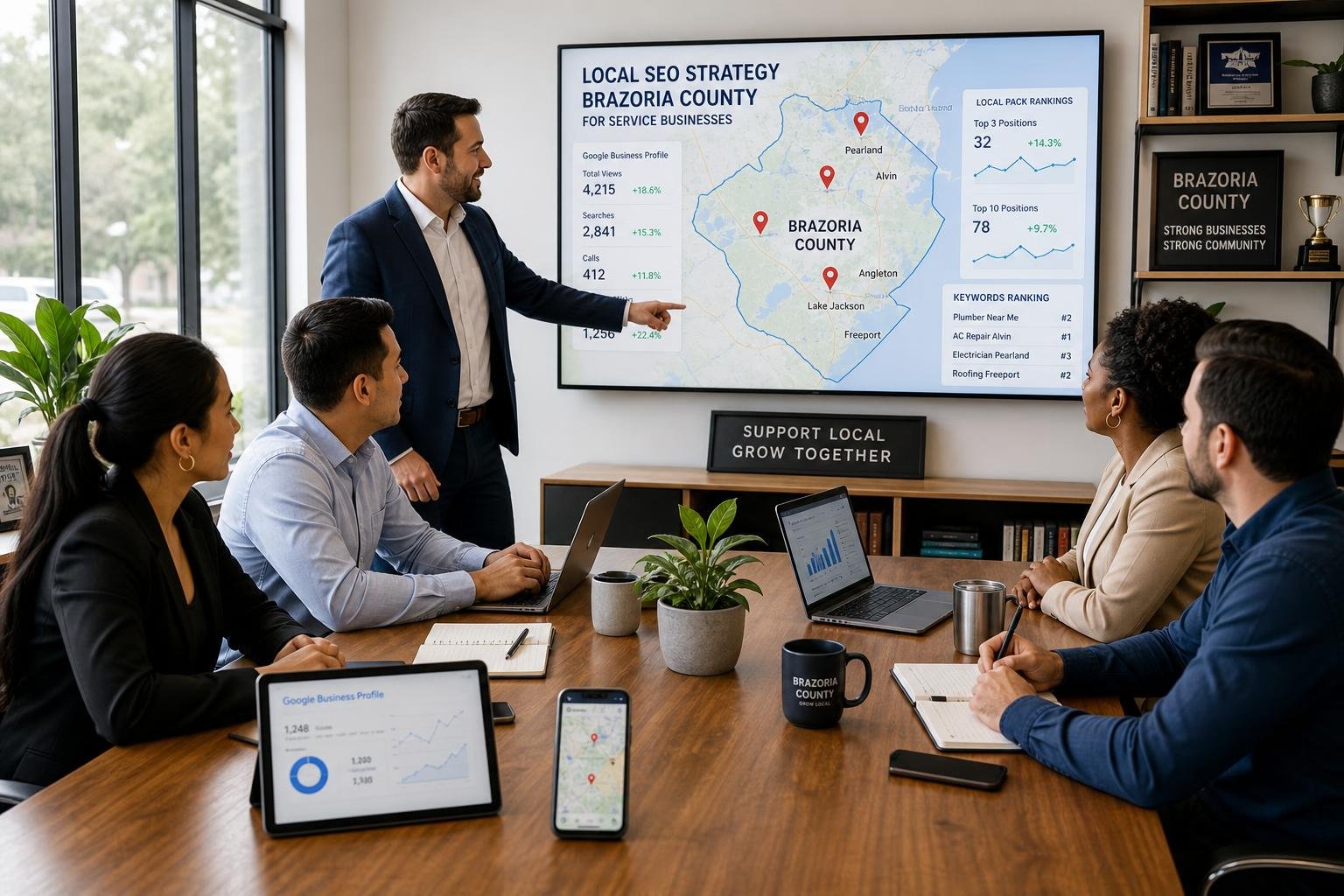 A group of professionals working together around a conference table with laptops and a large screen showing a map of Brazoria County and data charts.