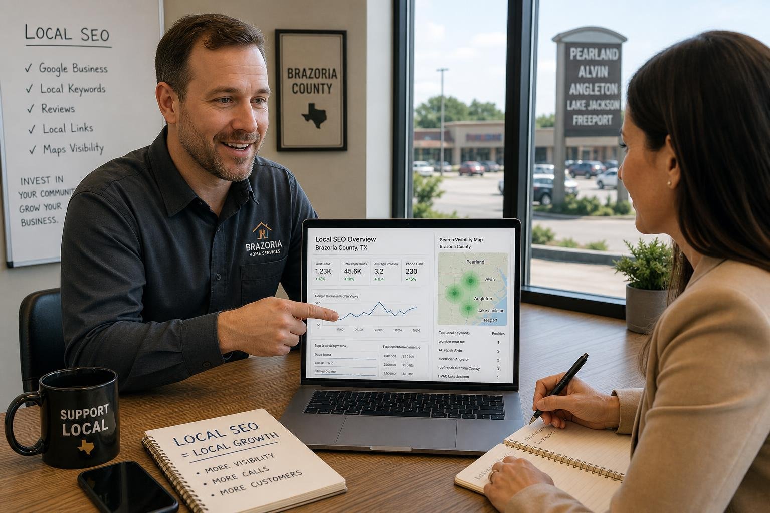 Two professionals discussing local SEO strategy with a laptop showing analytics in a bright office.