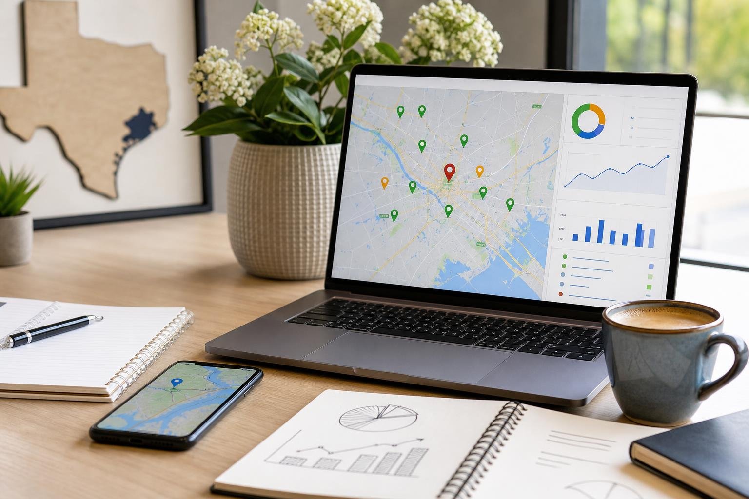 A workspace with a laptop showing a map with location pins, a smartphone, notebooks, and a coffee cup on a desk.