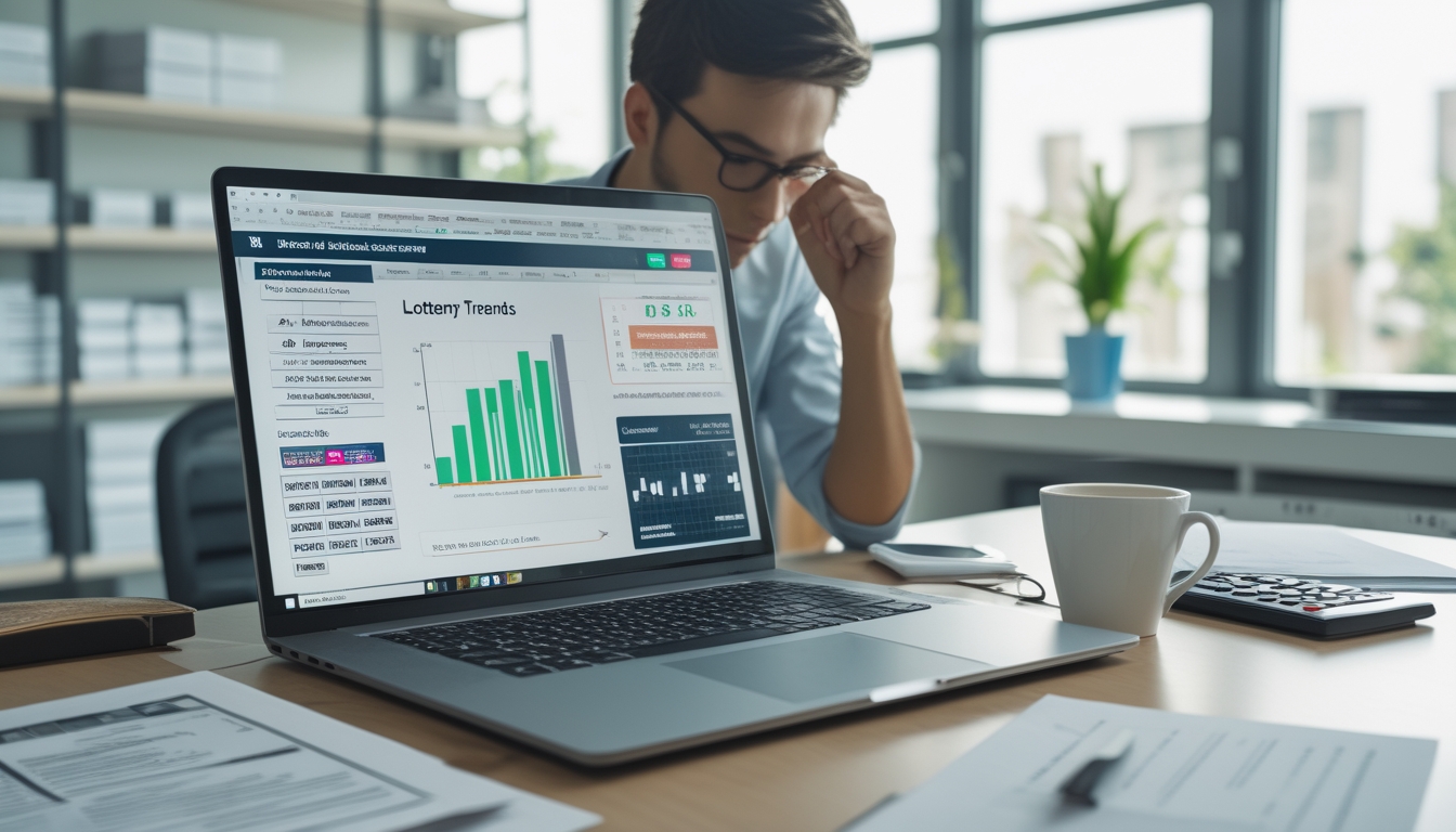 Seorang analis data pemula sedang bekerja di meja kantor dengan laptop yang menampilkan grafik dan data prediksi angka, dikelilingi oleh kertas, kalkulator, dan secangkir kopi.