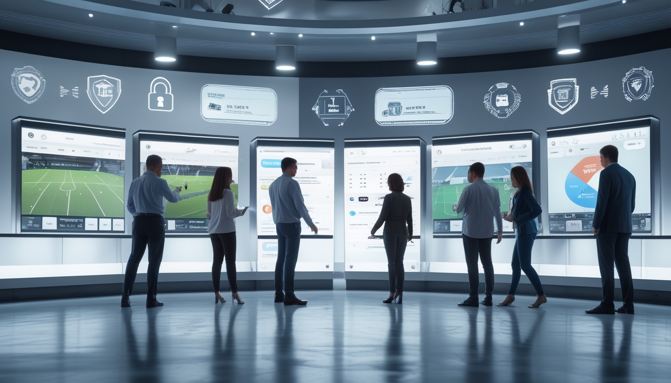 Beberapa orang menggunakan layar sentuh digital untuk bertaruh pada berbagai olahraga dalam suasana kantor modern yang terang dan aman.