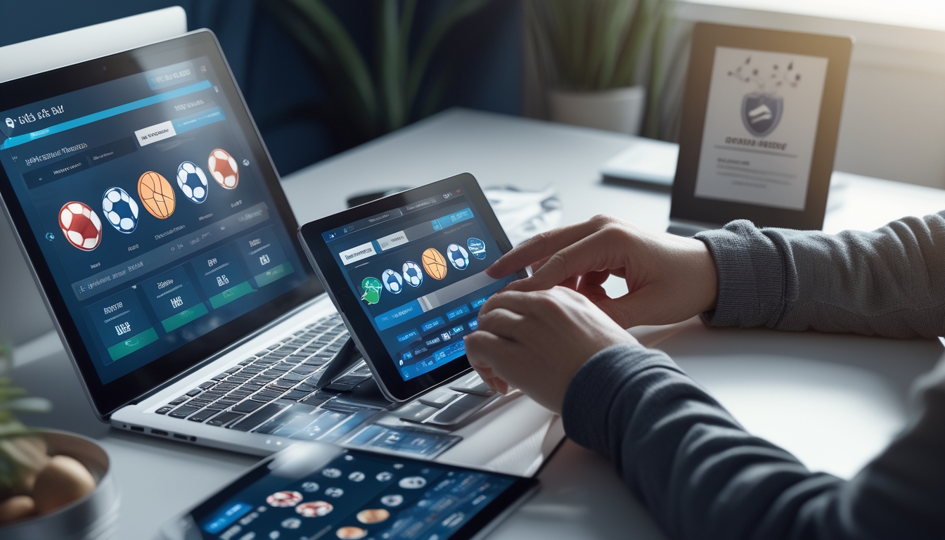 Orang menggunakan beberapa perangkat digital dengan tampilan taruhan olahraga resmi dan aman di ruang kerja modern.