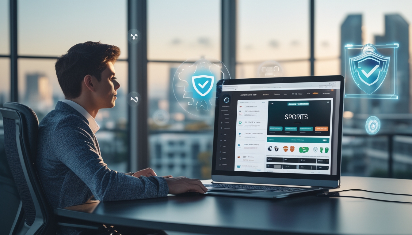 Seorang dewasa muda duduk di meja dengan laptop yang menampilkan antarmuka taruhan olahraga, dikelilingi oleh ikon olahraga dan simbol keamanan, di ruang kantor modern dengan pemandangan kota futuristik di luar jendela.