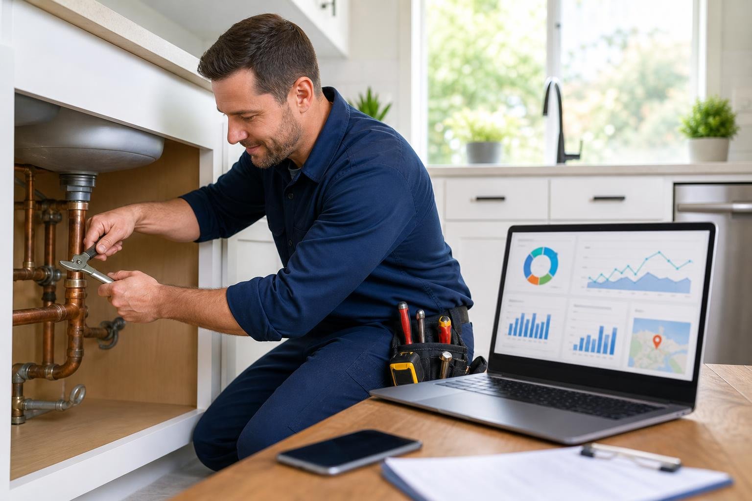 A plumber fixing pipes under a kitchen sink with a laptop showing marketing charts nearby.