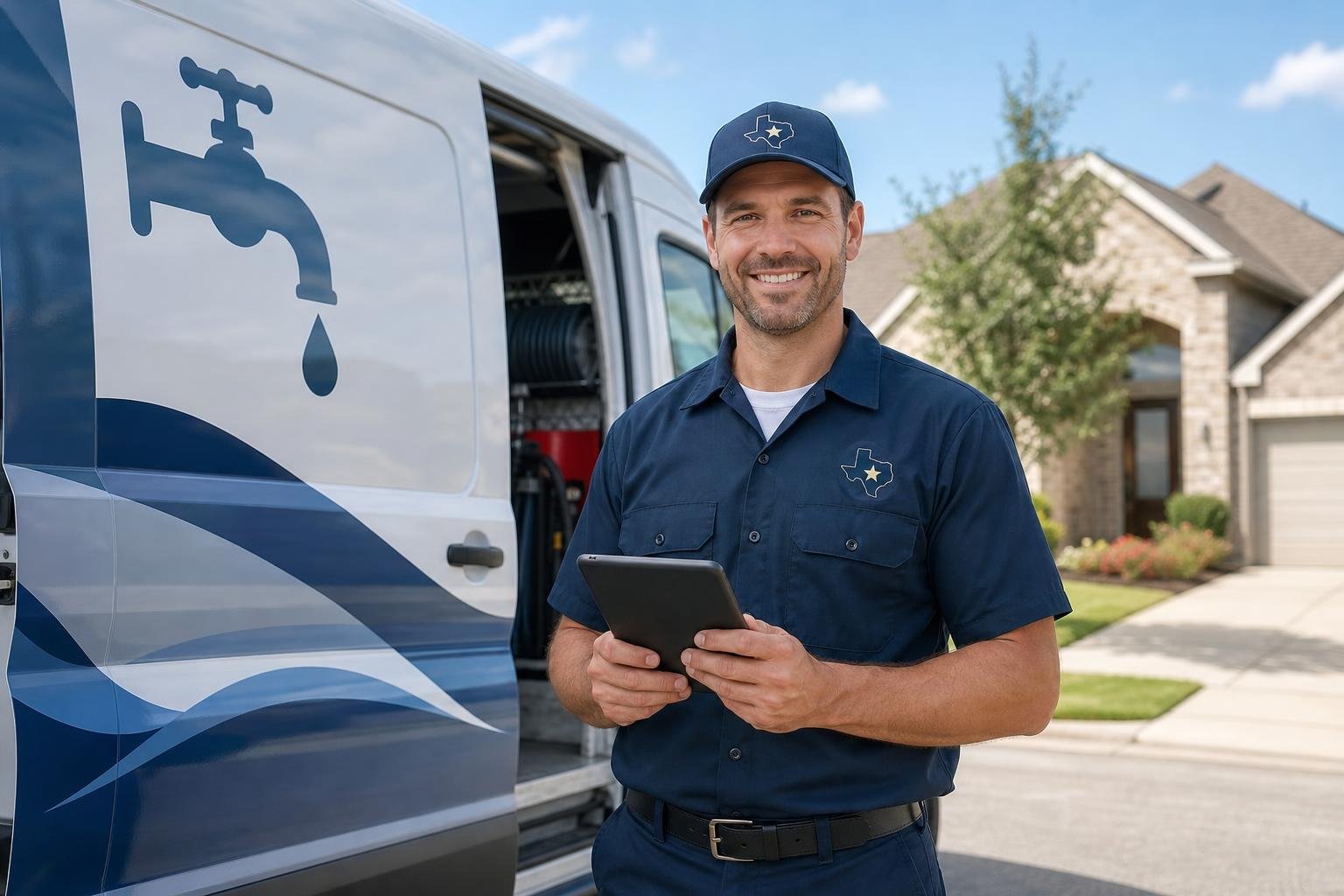 A plumber in uniform standing next to a plumbing van in a residential neighborhood, holding a tablet.