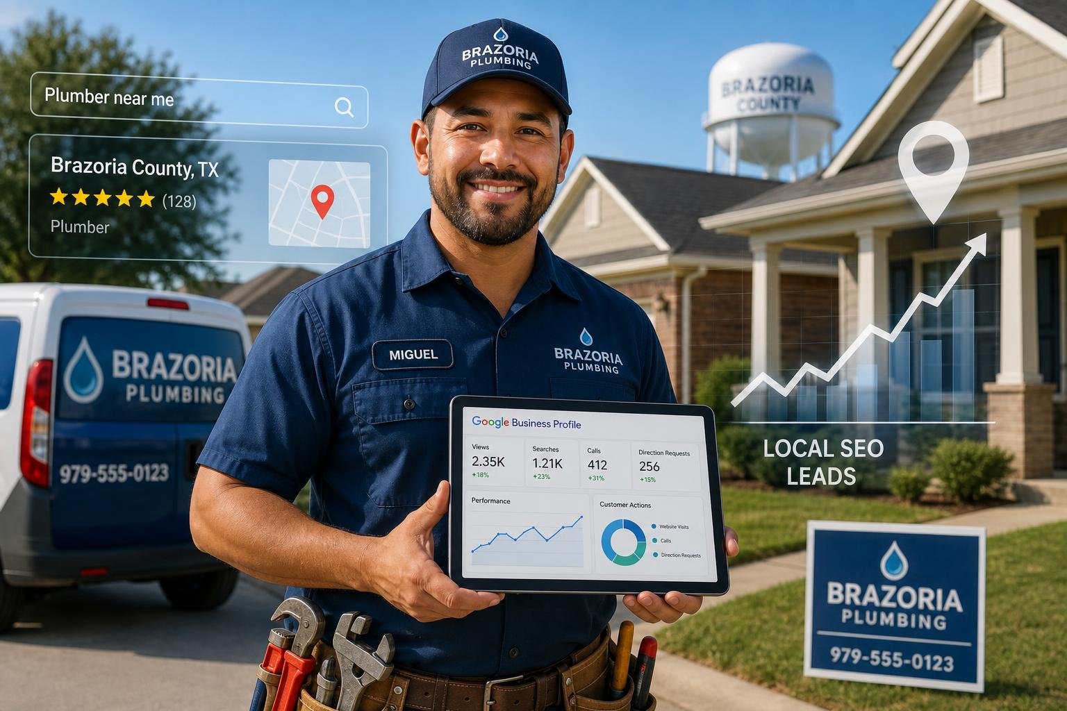 A plumber standing outside a house holding a tablet showing digital marketing data with tools on his belt in a suburban neighborhood.