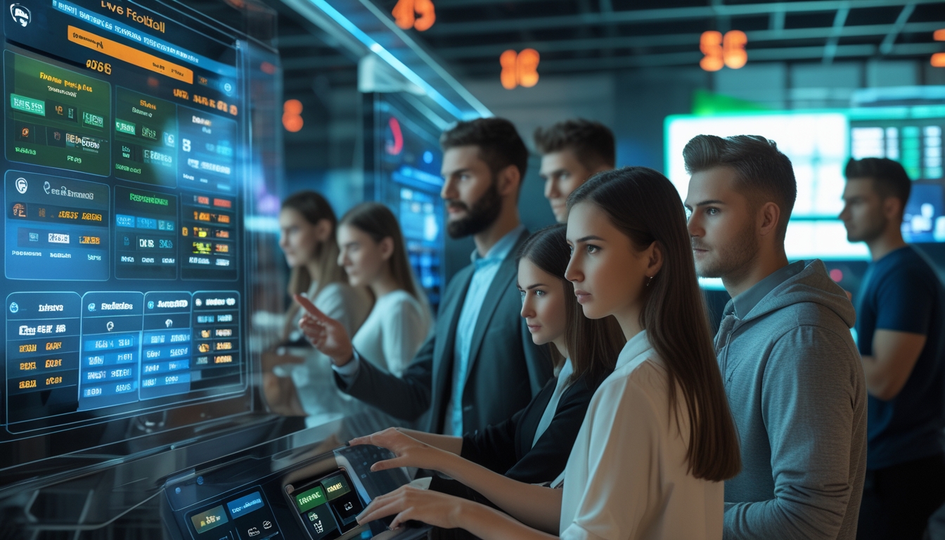Sekelompok orang muda menggunakan layar digital modern untuk memasang taruhan pada pertandingan bola dan olahraga dengan tampilan odds yang stabil dan resmi.