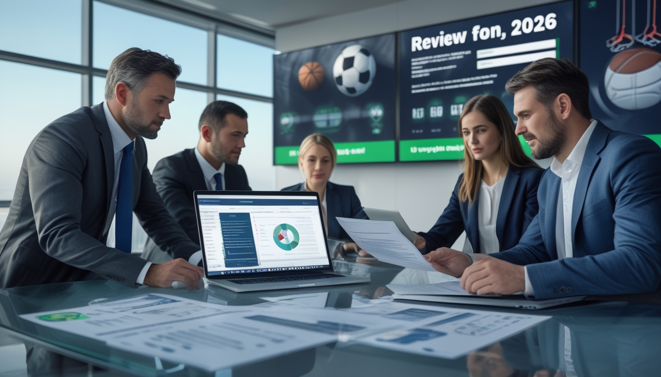 Sekelompok profesional sedang berdiskusi di kantor modern dengan perangkat digital yang menampilkan situs taruhan olahraga dan dokumen terkait regulasi.