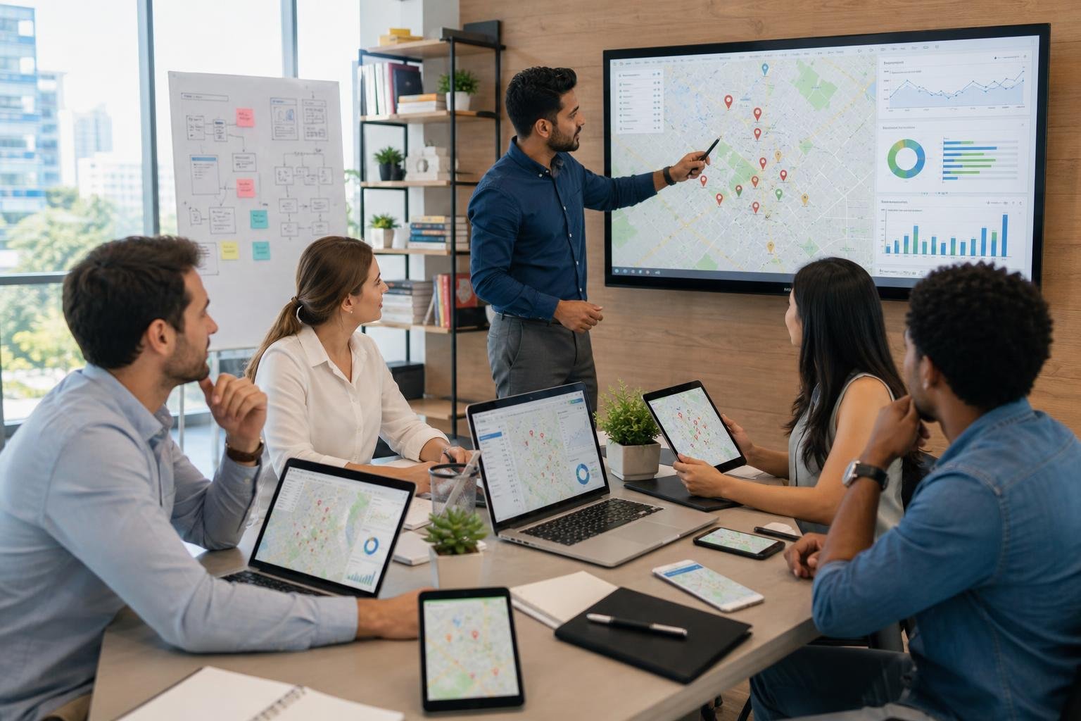 A group of professionals collaborating in an office with laptops and digital screens showing maps and SEO data.