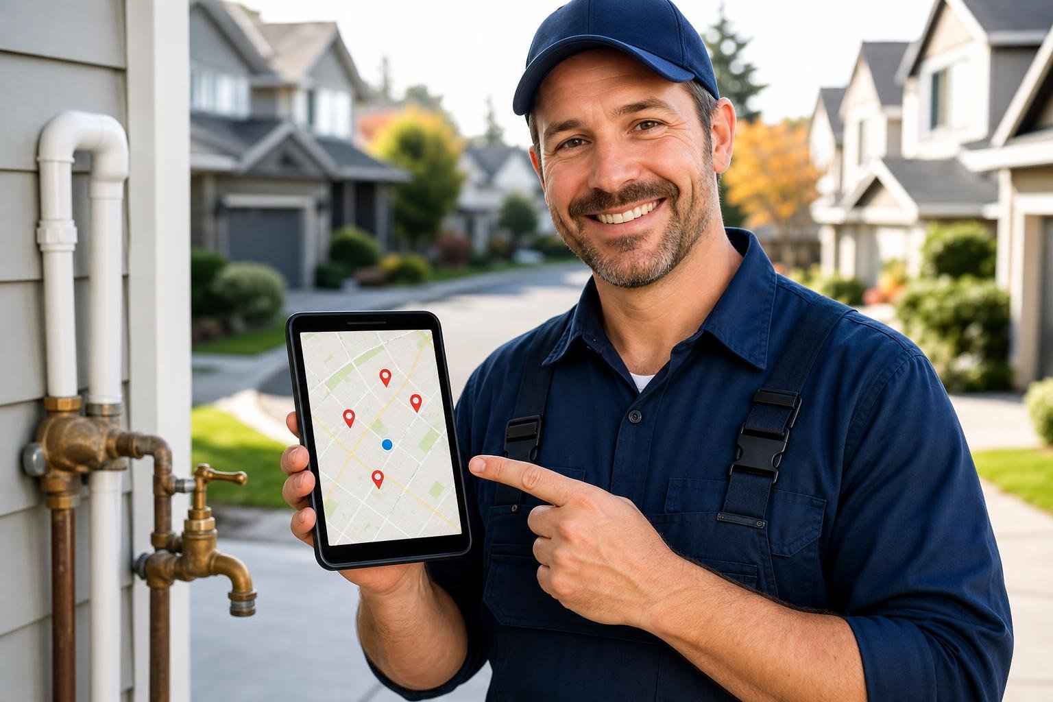 A plumber holding a tablet showing a local map with service locations in a suburban neighborhood.