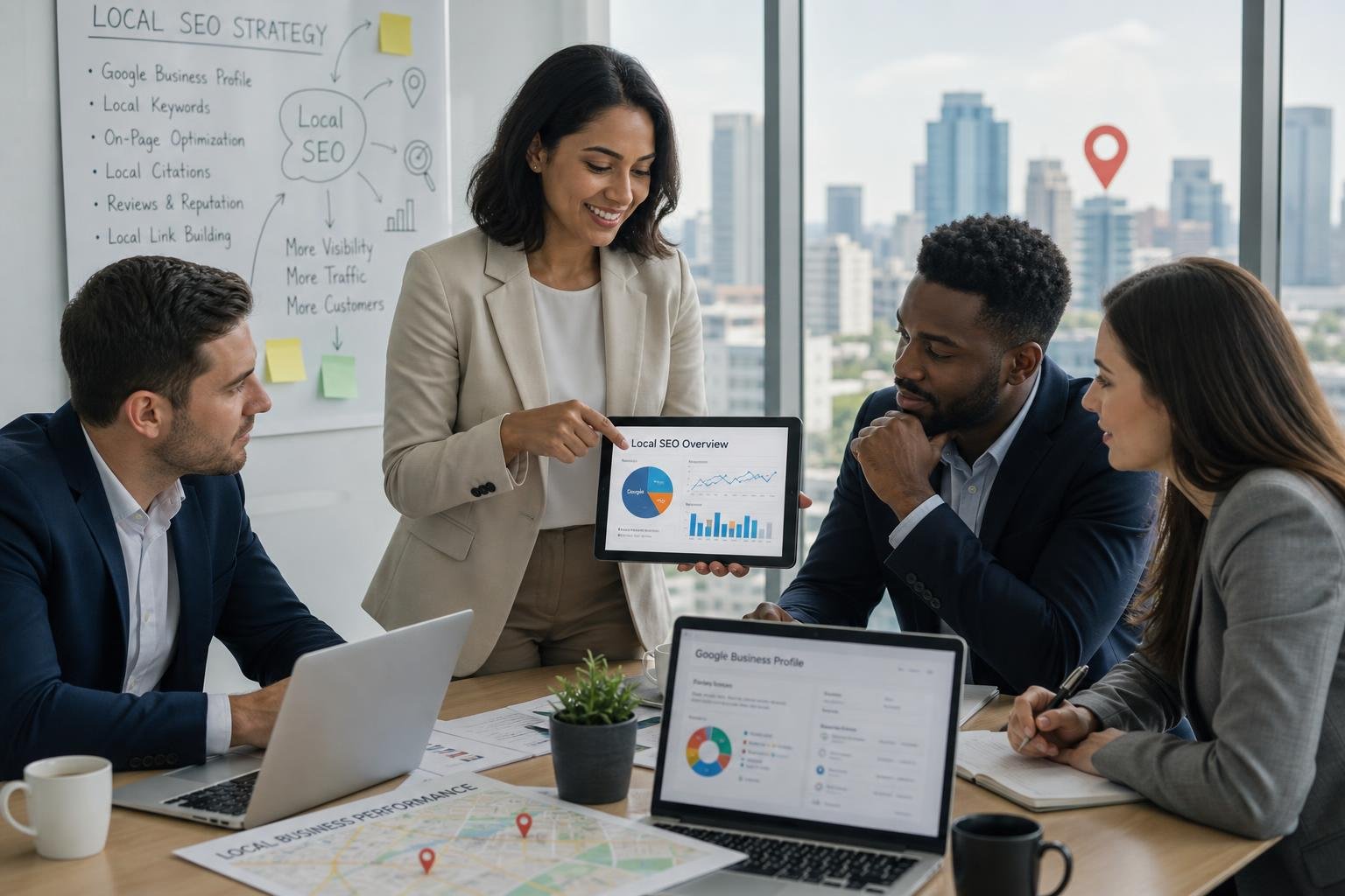 A group of business professionals collaborating around a table with digital devices and charts in a modern office with a city view.