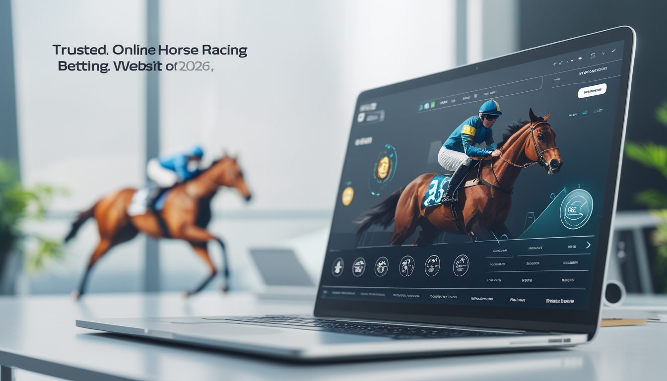 Antarmuka digital modern di laptop yang menampilkan statistik balap kuda dan konfirmasi pembayaran cepat di ruang kerja yang terang.