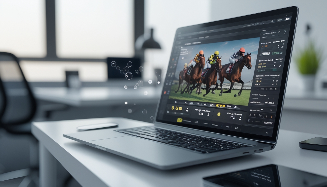 Seorang pengguna sedang melihat platform taruhan balap kuda online di laptop dan ponsel di sebuah meja kerja modern.